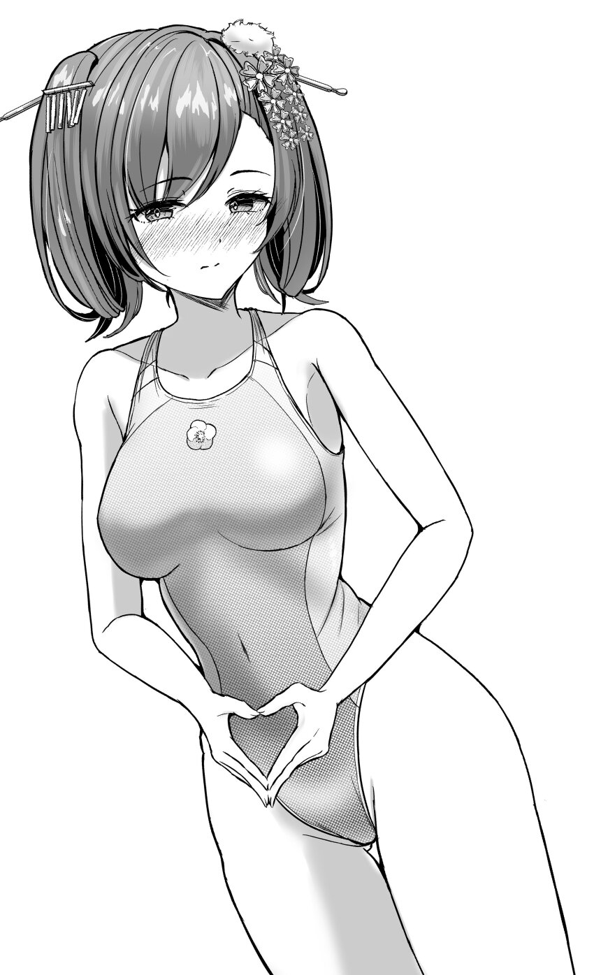 1girl absurdres blush breasts charomi commentary_request competition_swimsuit covered_navel cowboy_shot echigoyuzawa_kasumi greyscale heart heart_hands highleg highleg_one-piece_swimsuit highres looking_at_viewer medium_breasts monochrome nose_blush one-piece_swimsuit onsen_musume solo standing swimsuit twintails