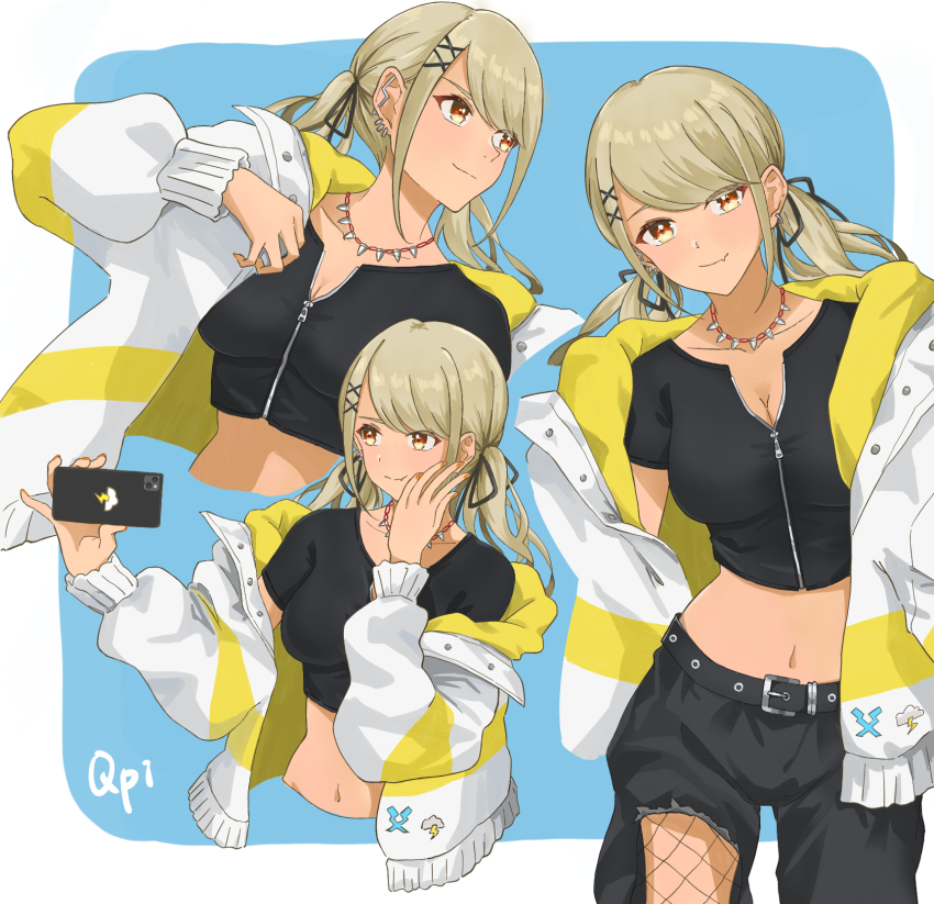 1girl belt belt_buckle black_belt black_pants black_ribbon blonde_hair blue_background border breasts buckle cellphone cleavage collarbone cowboy_shot crop_top cropped_torso ear_piercing earrings fang fang_out fnokanata hair_ornament hair_ribbon highres holding holding_phone jewelry kaminari_qpi kaminari_qpi_(2nd_costume) long_hair long_sleeves looking_at_viewer medium_breasts midriff nail_polish navel orange_eyes orange_nails pants phone piercing ribbon short_sleeves skin_fang smartphone smile smug solo standing stomach swept_bangs torn_clothes torn_pants twintails upper_body virtual_youtuber vspo! white_border x_hair_ornament zipper