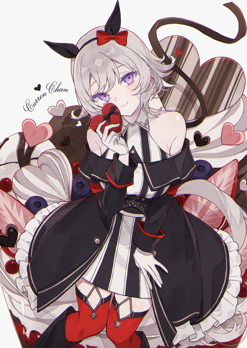 1girl animal_ears bare_shoulders black_boots boots box character_name coat collared_dress cream curren_chan_(umamusume) dress food fruit gift gift_box glint gloves grey_background hairband hand_up heart heart-shaped_box highres holding holding_gift horse_ears horse_girl horse_tail looking_at_viewer off-shoulder_coat off_shoulder purple_eyes red_thighhighs satsuki_(miicat) short_hair sitting sleeveless sleeveless_dress smile solo strapless strapless_dress strawberry tail thighhighs umamusume white_gloves