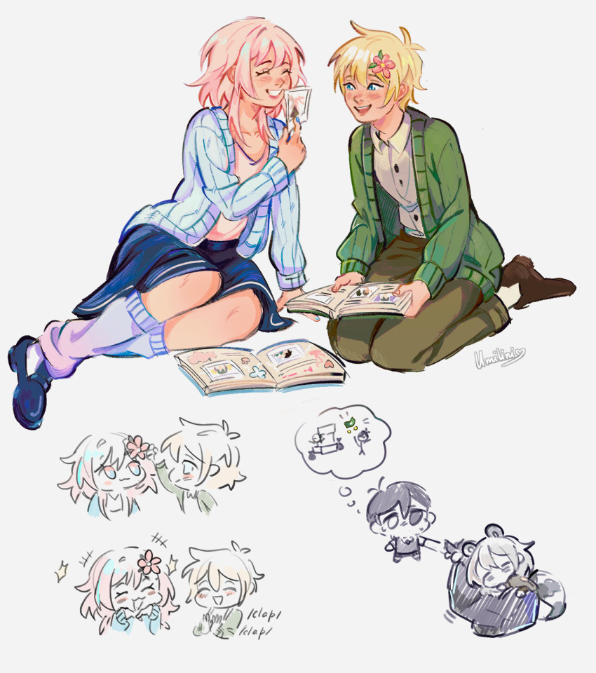 2boys 2girls alternate_costume antenna_hair arm_support basil_(birthday)_(omori) basil_(faraway)_(omori) basil_(omori) black_eyes black_hair black_shoes black_skirt blonde_hair blue_card blue_eyes blue_nails book brown_pants brown_shoes cardigan chibi collarbone collared_shirt flower green_cardigan grey_eyes grin hair_flower hair_ornament heterochromia highres holding holding_book holding_photo honkai:_star_rail honkai_(series) long_sleeves looking_at_another march_7th_(honkai:_star_rail) multiple_boys multiple_girls omori open_mouth pants photo_(object) pink_hair scrapbook seiza shirt shoes short_hair sitting skirt smile socks speech_bubble spoilers stelle_(honkai:_star_rail) sunny_(omori) teeth thought_bubble trailblazer_(honkai:_star_rail) umilini2 upper_teeth_only white_shirt white_socks