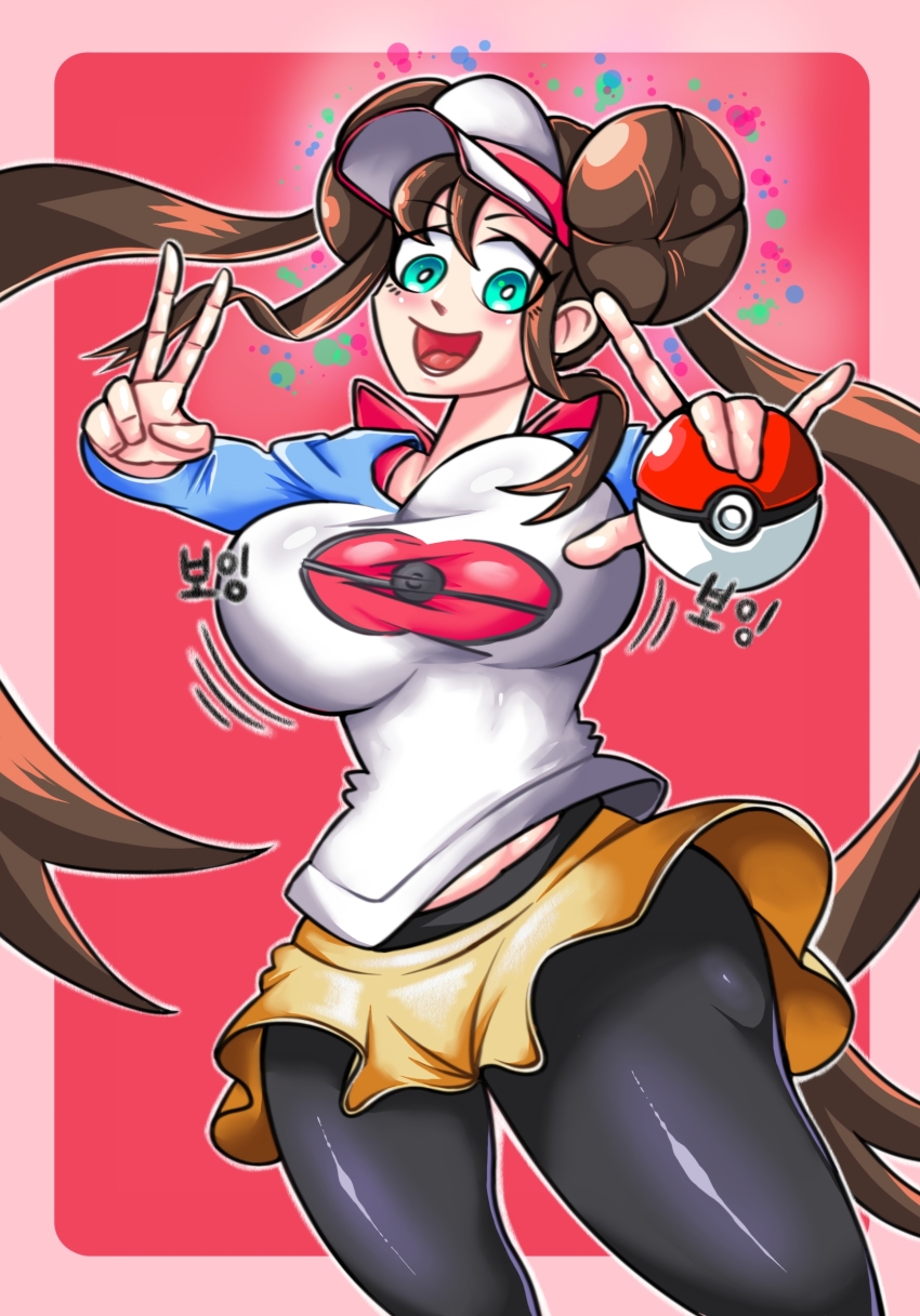 1girl bidul_(bidul72476120) blue_eyes blush bouncing_breasts breasts cleavage double_bun female_focus hair_bun highres holding holding_poke_ball large_breasts long_hair looking_at_viewer nintendo open_mouth poke_ball pokemon pokemon_bw2 rosa_(pokemon) short_hair solo thigh_gap translation_request v visor_cap wide_hips