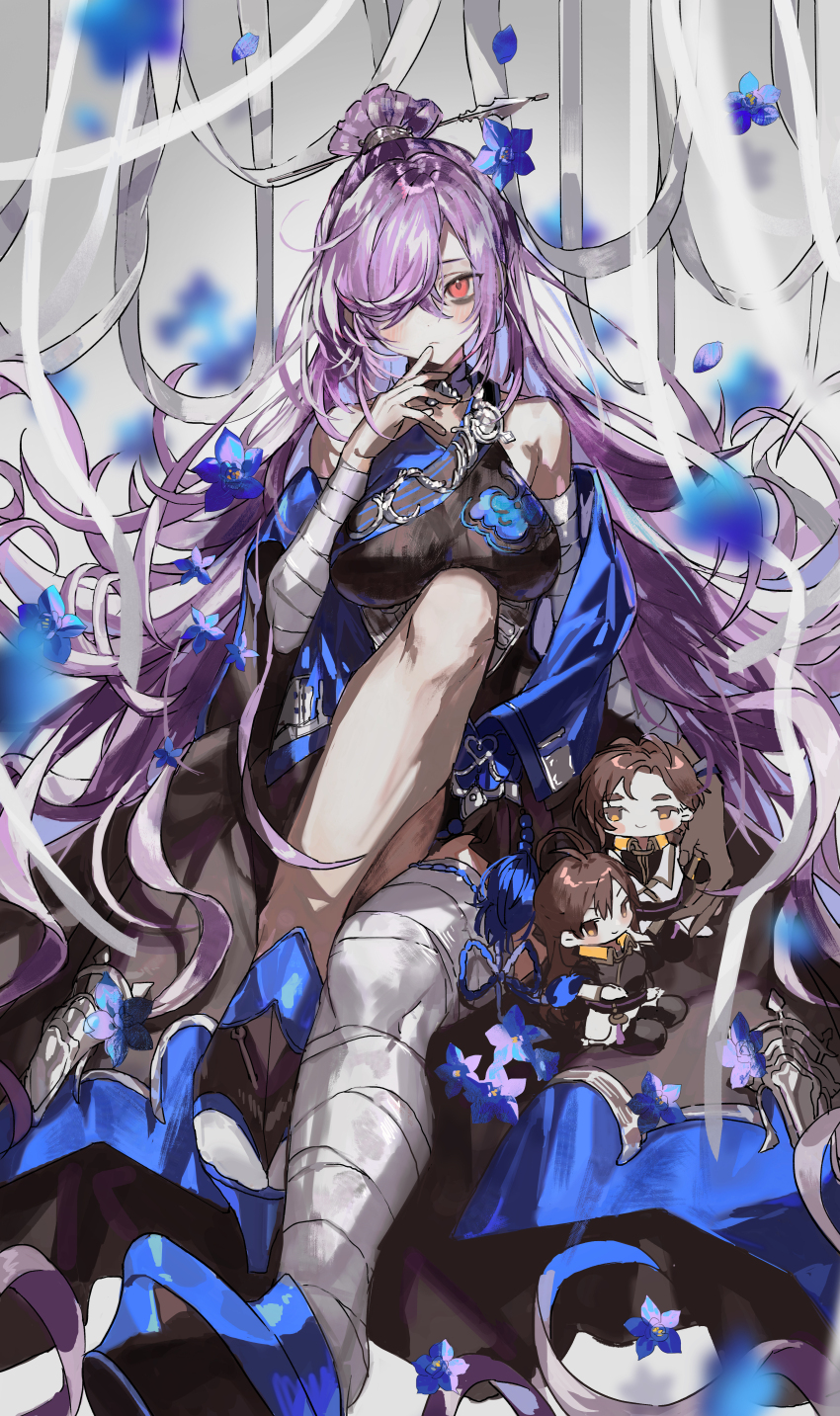 1girl absurdres bandaged_arm bandaged_leg bandages bare_shoulders black_dress black_robe blue_flower blue_petals blue_rope blue_shoes blurry blurry_background blurry_foreground blush breasts character_request check_character check_copyright closed_mouth commentary_request copyright_request dot_nose dress falling_petals flower full_body gradient_background grey_background hair_ornament hair_over_one_eye hair_stick highres knee_up large_breasts long_hair looking_at_viewer nana_tetra orange_eyes orient_arcadia petals purple_hair ribbon robe rope shoes sitting solo_focus very_long_hair white_ribbon zhang_chunhua_(orient_arcadia)