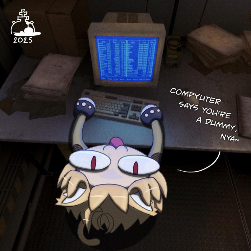 1girl 2025 :3 adapted_costume antykvarnyy_kalamar blue_light crossover english_text game_screenshot_inset highres looking_at_viewer looking_up neco-arc neco_spirit pov stalker_(game) stalker_2:_heart_of_chornobyl tsukihime