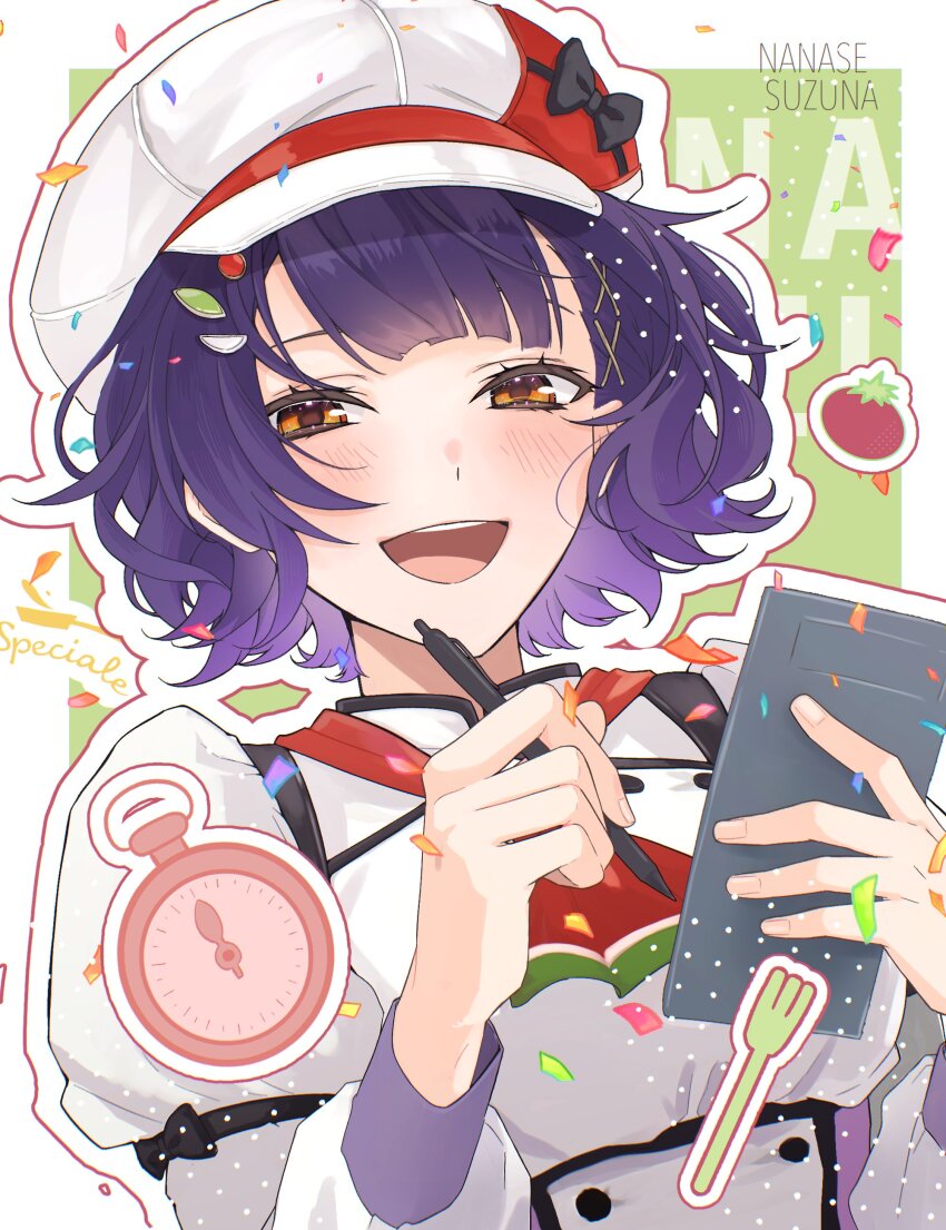 1girl :d absurdres ascot black_bow blunt_bangs blush border bow buttons cabbie_hat character_name commentary_request confetti double-parted_bangs eyelashes fork green_background hair_ornament hands_up hat hat_bow highres holding holding_notepad holding_pen kashitsuki_(tashikaniaruki) long_sleeves looking_at_viewer nanase_suzuna nanase_suzuna_(1st_costume) nijisanji notepad open_mouth orange_eyes outline outside_border pen puffy_sleeves purple_hair red_ascot shirt short_hair smile solo teeth tomato upper_body upper_teeth_only virtual_youtuber wavy_hair white_border white_hat white_outline white_shirt x_hair_ornament