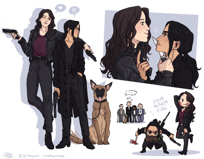 3boys 3girls absurdres animal axe bear_(person_of_interest) black_hair black_pants black_shirt brown_hair commentary dark-skinned_female dark_skin dog english_commentary formal_clothes full_body gun hand_in_pocket harold_finch_(person_of_interest) heart highres holding holding_axe holding_gun holding_knife holding_weapon john_reese_(person_of_interest) joss_carter knife lionel_fusco long_hair multiple_boys multiple_girls multiple_views pants person_of_interest ponytail root_(person_of_interest) sameen_shaw_(person_of_interest) shirt shirt_tucked_in sidelocks smile suit tongue tongue_out toodrunktofindaurl weapon
