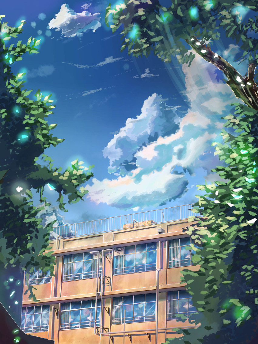 absurdres blue_sky branch building cloud commentary day highres leaf light_rays no_humans original outdoors qdsn railing reflection scenery school sky smoking_pipe tree window