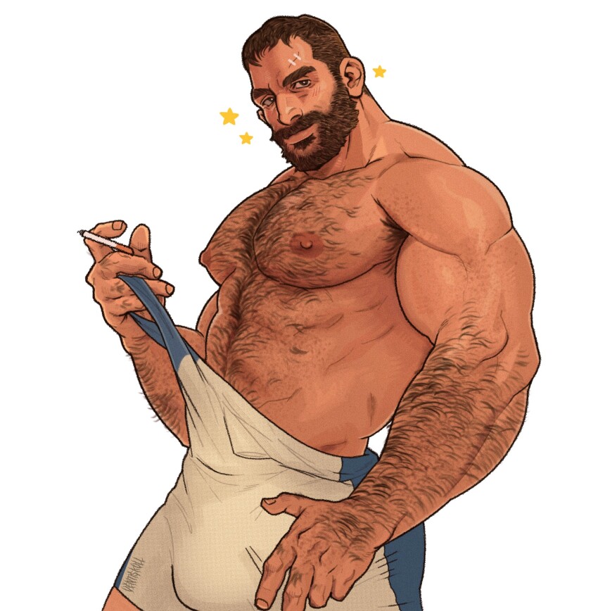 1boy abs armpit_hair armpit_hair_peek bad_tag bara bare_pectorals beard biceps borrowed_character brown_hair bulge cigarette connected_beard cowboy_shot facial_hair from_side full_beard hand_hair highres holding holding_cigarette ives_navarro large_pectorals looking_at_viewer male_focus mature_male muscular muscular_arms muscular_male navel_hair oc_(rnarccus) original pectorals receding_hairline seductive_smile short_hair singlet smile solo sparkle standing thick_arm_hair thick_beard thick_chest_hair thick_eyebrows thick_navel_hair very_hairy