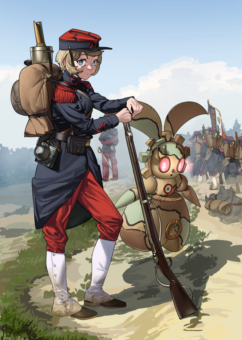 1girl 6+boys alternate_costume backpack bag blonde_hair buttons closed_mouth commentary day epaulettes eyelashes gen_7_pokemon grass grey_eyes gun hat highres holding legendary_pokemon long_sleeves magearna military military_uniform multiple_boys mythical_pokemon nintendo outdoors pants pokemon pokemon_(creature) pokemon_xy pzkpfwi red_pants rifle serena_(pokemon) shoes short_hair sky two-tone_hat weapon