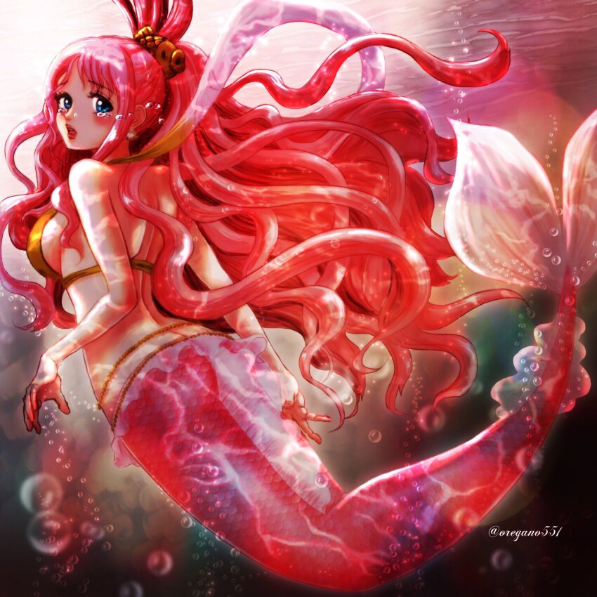1girl artist_name bikini blue_eyes bubble commentary english_commentary fish_hair_ornament hagoromo hair_ornament half_updo highres long_hair mermaid monster_girl one_piece oregano551 pink_hair shawl shirahoshi sidelocks solo swimsuit tears underwater very_long_hair yellow_bikini