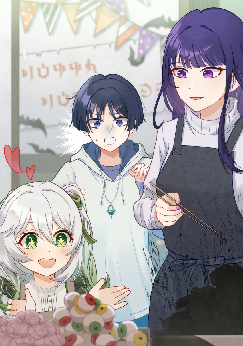 1boy 2girls absurdres apron bat_(animal) black_apron black_hair blouse blunt_bangs blunt_ends blush brain brown_apron bunting burnt_food chopsticks colored_tips curled_fingers drawstring eyeball eyelashes eyeliner eyeshadow fingernails genshin_impact gold_necklace green_eyes green_hair grey_hood hair_between_eyes heart height_difference highres holding holding_chopsticks hood hood_down hoodie jewelry lipgloss long_hair long_sleeves looking_at_another looking_down makeup mole mole_under_mouth multicolored_hair multiple_girls nahida_(genshin_impact) necklace open_hands open_mouth pendant pink_nails purple_eyes purple_hair raiden_shogun red_eyeliner red_eyeshadow ribbed_collar saigawa_genshin scaramouche_(genshin_impact) shirt side_ponytail sidelocks single_sidelock smile sweatdrop tareme teeth tsurime turn_pale two-sided_hood upper_teeth_only wanderer_(genshin_impact) white_hair white_hood white_hoodie white_mouth white_shirt white_sleeves wide-eyed wispy_bangs yellow_pupils
