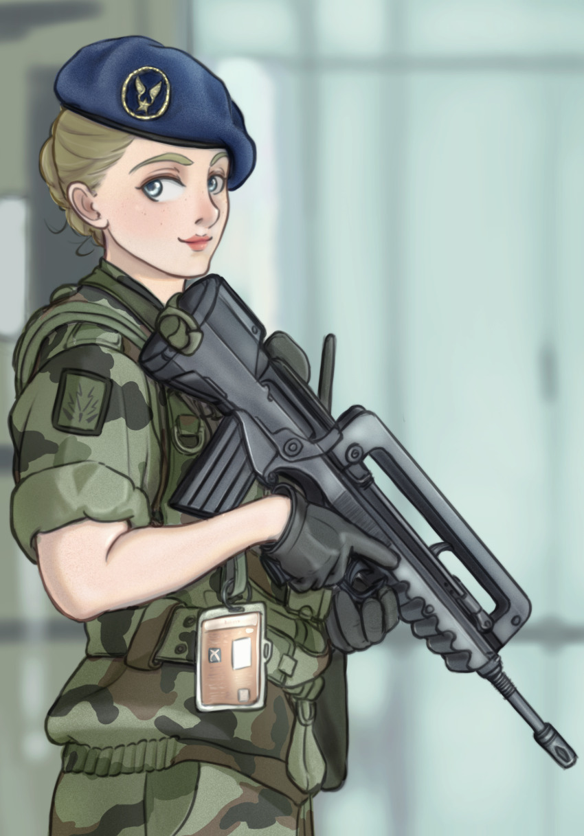 1girl assault_rifle belt beret black_gloves blue_eyes blue_hat blurry blurry_background bullpup camouflage camouflage_belt camouflage_pants camouflage_shirt commentary english_commentary famas france gloves green_belt green_pants green_shirt gun gun_sling hair_behind_ear hair_bun handle hat highres id_card light_brown_hair light_smile load_bearing_vest looking_to_the_side mg_g military military_combat_uniform military_hat military_uniform nose original pants patch pink_lips rifle shirt short_hair short_sleeves shoulder_patch sideways_glance single_hair_bun sleeves_rolled_up soldier solo star_(symbol) thick_eyebrows trigger_discipline upper_body utility_belt weapon