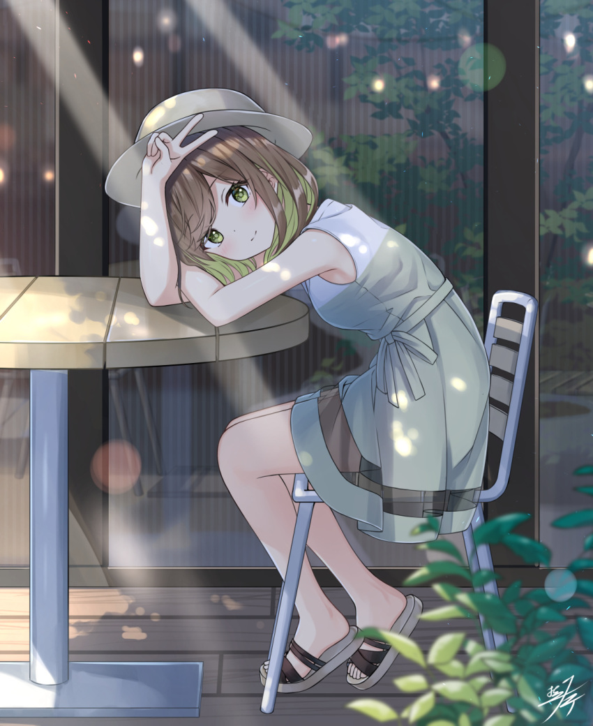 1girl arm_on_table bare_shoulders blush bonsai breasts brown_hair brown_hat chair closed_mouth colored_inner_hair commentary_request dappled_sunlight dress elbow_on_table from_side full_body glass_door green_dress green_eyes green_hair green_ribbon hand_up hat head_rest highres layered_dress lens_flare light_particles looking_at_viewer miko_fly multicolored_hair on_chair original outdoors parted_bangs reflection ribbon round_table sandals see-through_dress_layer short_hair signature sitting sleeveless sleeveless_dress small_breasts smile solo sunburst sunlight table toes two-tone_hair v white_dress wooden_floor wooden_table