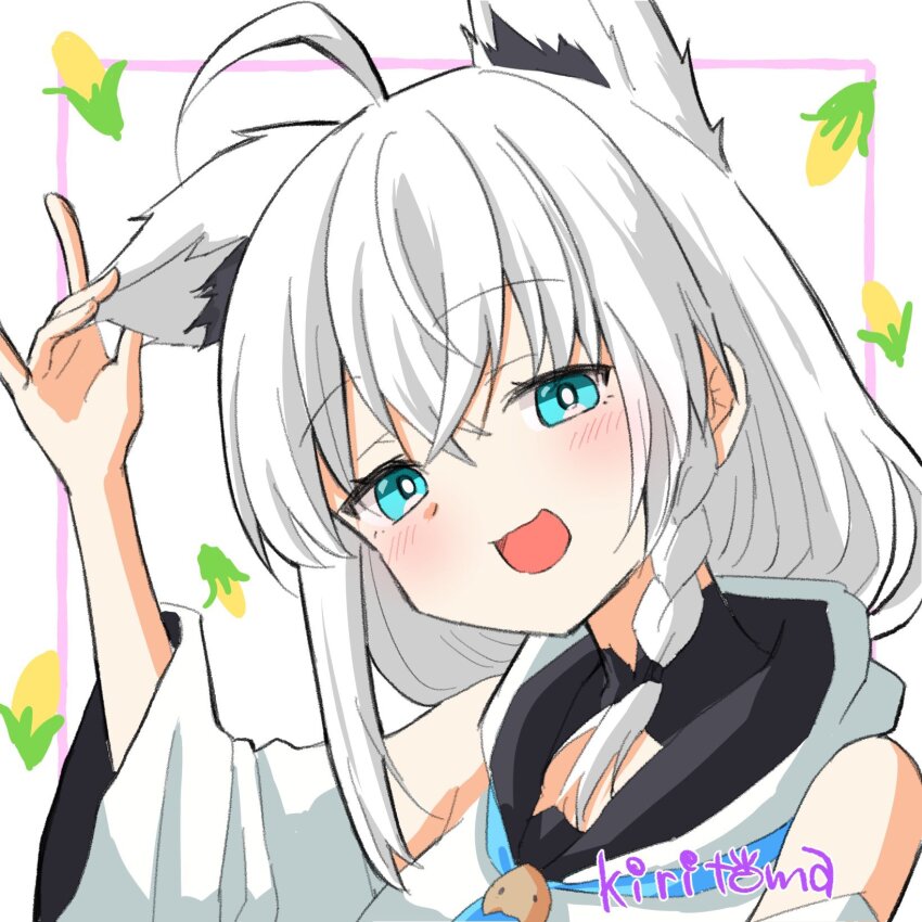 1girl :d ahoge animal_ear_fluff animal_ears arm_up bare_shoulders blue_eyes braid commentary detached_sleeves fox_ears hand_on_own_ear head_tilt highres hololive kiritoma long_hair long_sleeves looking_at_viewer open_mouth shirakami_fubuki shirakami_fubuki_(1st_costume) signature single_ear_down smile solo upper_body virtual_youtuber white_background white_hair white_sleeves wide_sleeves