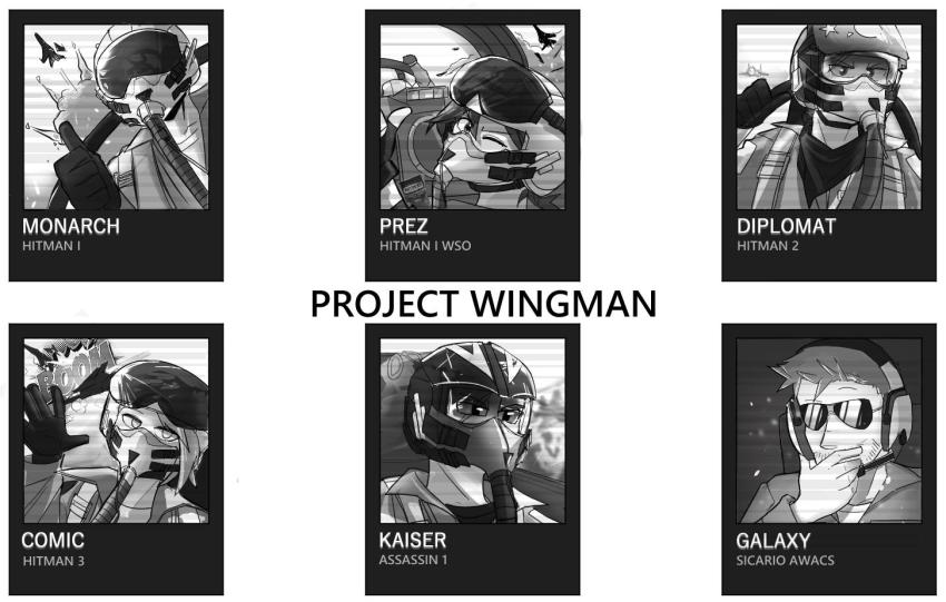 2girls 4boys aircraft airplane artist_request beard character_name comic_(project_wingman) diplomat_(project_wingman) english_text explosion facial_hair fighter_jet galaxy_(project_wingman) greyscale helmet kaiser_(project_wingman) looking_at_viewer looking_back mask military military_vehicle monarch_(project_wingman) monochrome multiple_boys multiple_girls pilot pilot_helmet pilot_suit prez_(project_wingman) project_wingman sunglasses thumbs_up visor