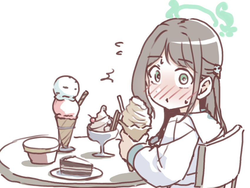 1girl :t ^^^ airi_(blue_archive) black_hair blue_archive blue_sailor_collar blush chair cherry closed_mouth eating flying_sweatdrops food food-themed_hair_ornament from_side fruit green_eyes hair_ornament halo holding holding_food ice_cream ice_cream_cone ice_cream_hair_ornament long_hair long_sleeves looking_at_viewer looking_to_the_side multiple_scoops nose_blush on_chair one_side_up plate puffy_long_sleeves puffy_sleeves sailor_collar school_uniform serafuku shirt simple_background sitting soft_serve solo sweat table unadon_(unadoom) wafer_stick white_background white_shirt