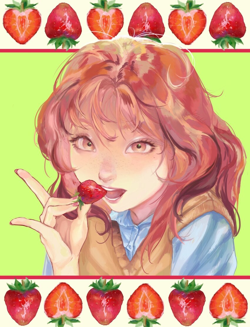 1girl brown_sweater_vest collared_shirt commentary food fruit green_background highres holding holding_food holding_fruit joliechka kininatteru_hito_ga_otoko_ja_nakatta long_hair oosawa_aya open_mouth pink_eyes pink_hair pink_nails shirt solo strawberry sweater_vest symbol-only_commentary white_shirt