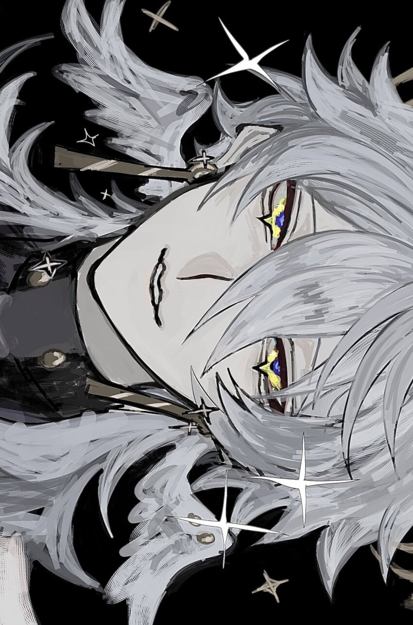 1boy black_background commentary_request double-parted_bangs earrings feathered_wings greyscale hair_between_eyes head_wings highres honkai:_star_rail honkai_(series) jewelry long_hair male_focus monochrome parted_lips piercing sideways simple_background smile solo sparkle spot_color sunday_(honkai:_star_rail) upper_body wings xxazenxx yellow_eyes