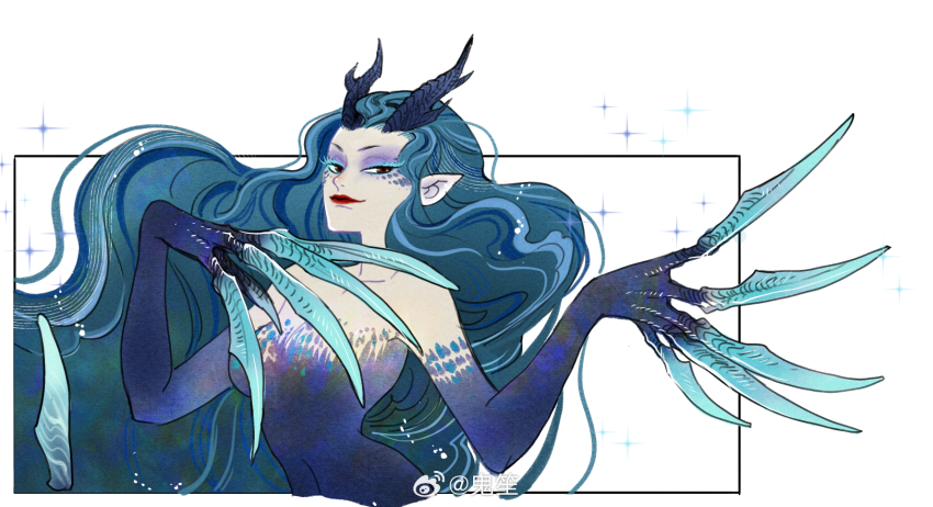 1girl ao_run_(nezha_zhi_motong_jiangshi) blue_hair blue_scales dragon_girl dragon_horns highres horns long_hair nezha_zhi_motong_jiangshi pointy_ears red_eyes solo very_long_hair yaoshuyi