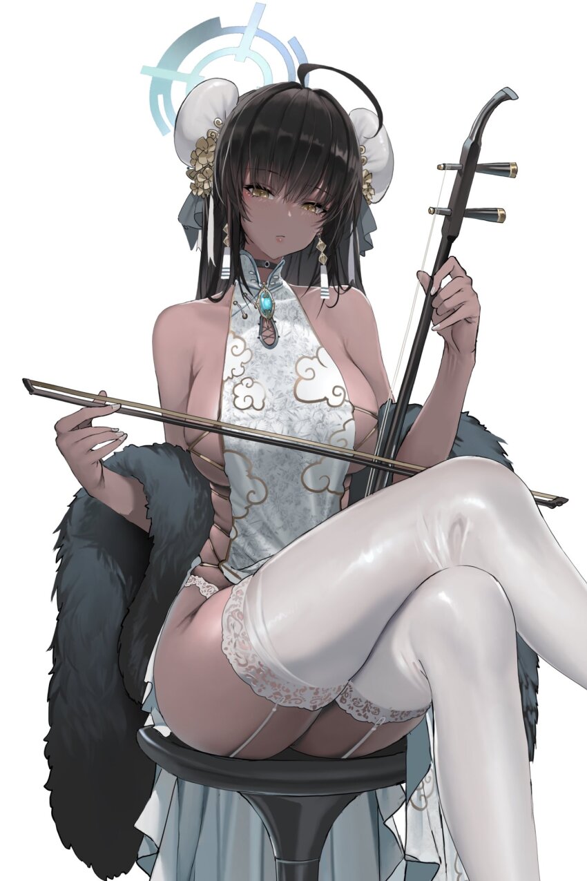 1girl ahoge alternate_costume black_dress black_hair blue_archive blue_halo breasts crossed_legs dark-skinned_female dark_skin dishwasher1910 double_bun dress erhu garter_straps hair_bun halo highres holding holding_instrument instrument karin_(blue_archive) large_breasts long_hair looking_at_viewer simple_background sitting sleeveless sleeveless_dress solo thighhighs white_background white_garter_straps white_thighhighs yellow_eyes