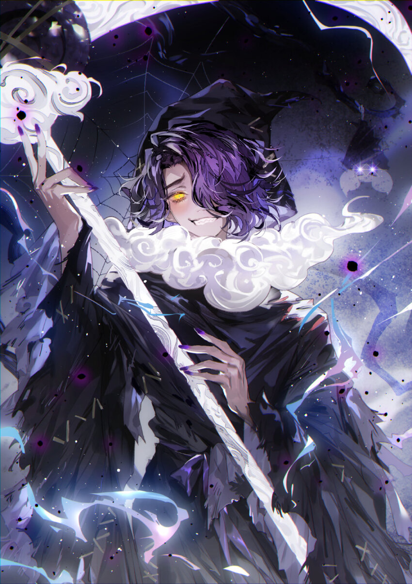 1boy black_robe chinese_commentary cookie_run cookie_run:_kingdom cowboy_shot curtained_hair dark-skinned_male dark_skin fur_scarf glowing glowing_eye grin hair_over_one_eye highres holding holding_scythe hood hood_up hooded_robe humanization licorice_cookie light_particles long_sleeves looking_at_viewer male_focus nail_polish one_eye_covered purple_hair purple_nails purple_sash robe sash scythe sharp_teeth short_hair silk smile solo spider_web teeth torn_clothes torn_robe wide_sleeves yellow_eyes zishengtian123