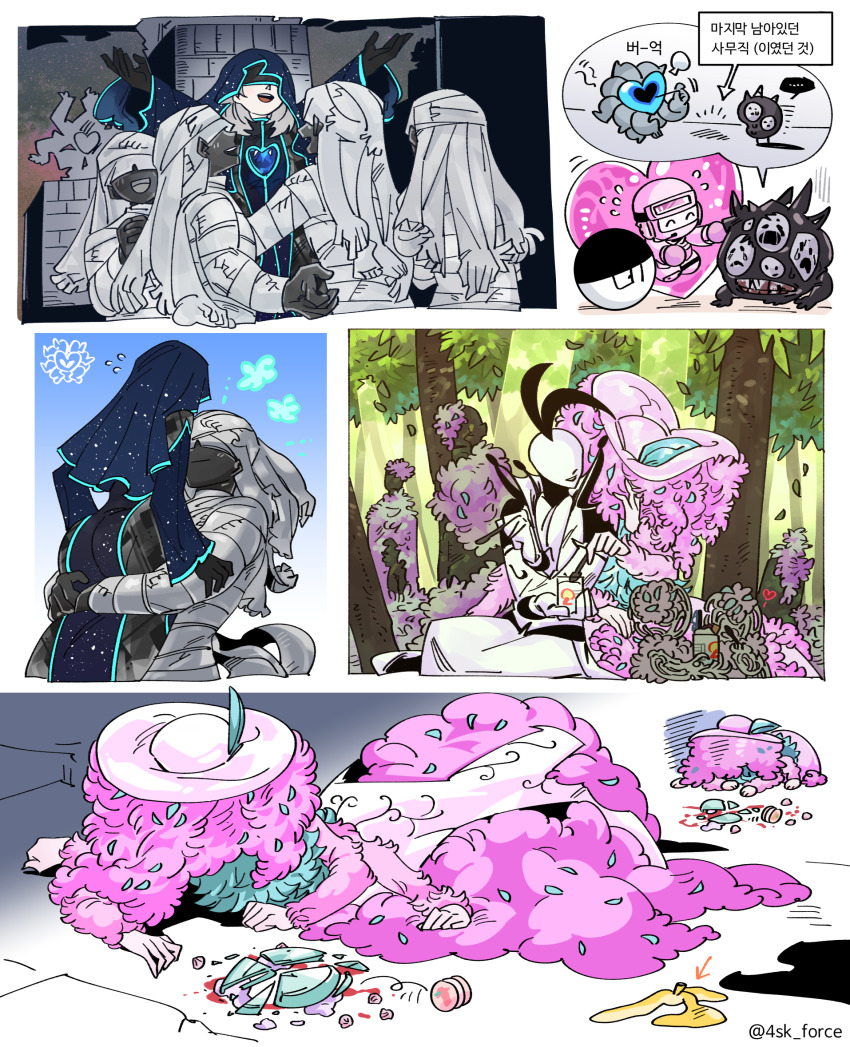 6+others alriune arms_up army_in_black banana_peel black_gloves black_skin blindfold blue_star blue_veil bodysuit broken_plate carrying coat colored_skin disembodied_hand e.g.o_(project_moon) force_(4sk_force) gloves heart highres library_of_ruina lobotomy_corporation lobotomy_corporation_logo mountain_of_smiling_bodies multiple_others open_mouth plate project_moon smile sound_of_a_star_(e.g.o) the_silent_orchestra veil white_bodysuit white_coat white_skin white_veil worshipper_of_the_blue_star you&#039;re_bald_(lobotomy_corporation)