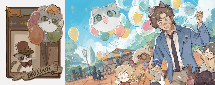 2girls 5boys aged_down animal_ears animification balloon bdoubleo100 bow cat child fake_animal_ears goodtimeswithscar goodtimeswithscar_(scarland) grian_(youtuber) hat hermitcraft highres jellie_(hermitcraft) lamp luminous_slime minecraft_youtube multiple_boys multiple_girls necktie outdoors scarland wheelchair zombiecleo