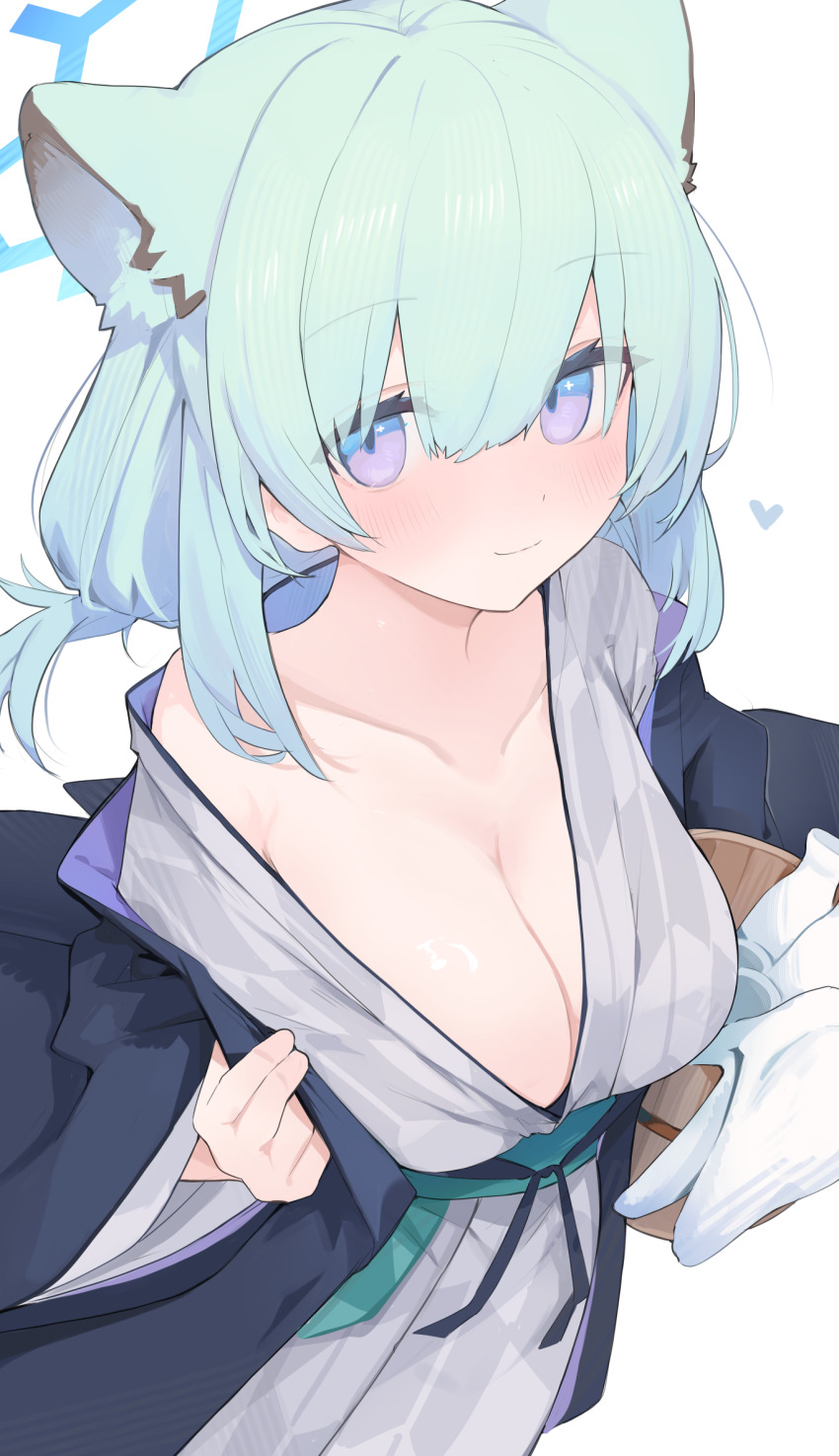 1girl alcohol aqua_hair bath_yukata blue_archive blue_halo blush bottle breasts bucket choko_(cup) cleavage closed_mouth collarbone commentary_request cup grey_kimono halo highres holding holding_bucket japanese_clothes kimono large_breasts looking_at_viewer mikozin official_alternate_costume official_alternate_hairstyle purple_eyes sake_bottle shigure_(blue_archive) shigure_(hot_spring)_(blue_archive) short_hair simple_background smile solo tokkuri white_background wooden_bucket yukata