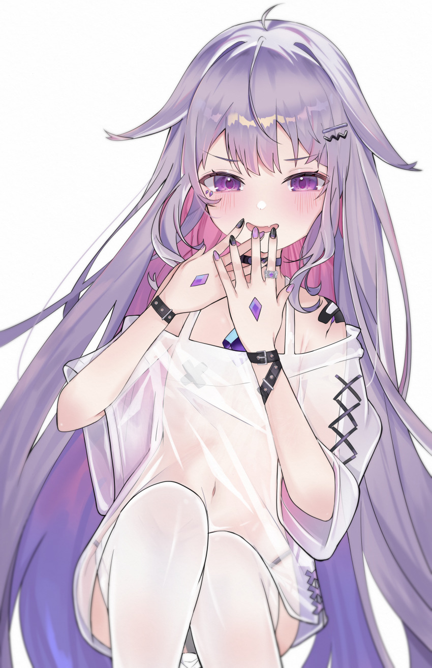 1girl absurdres bandaid bandaids_on_nipples black_nails castellayaki casual gem grey_hair highres hololive hololive_english koseki_bijou long_hair nail_polish navel pasties purple_eyes purple_nails see-through_clothes shirt simple_background solo thighhighs very_long_hair virtual_youtuber white_background white_shirt