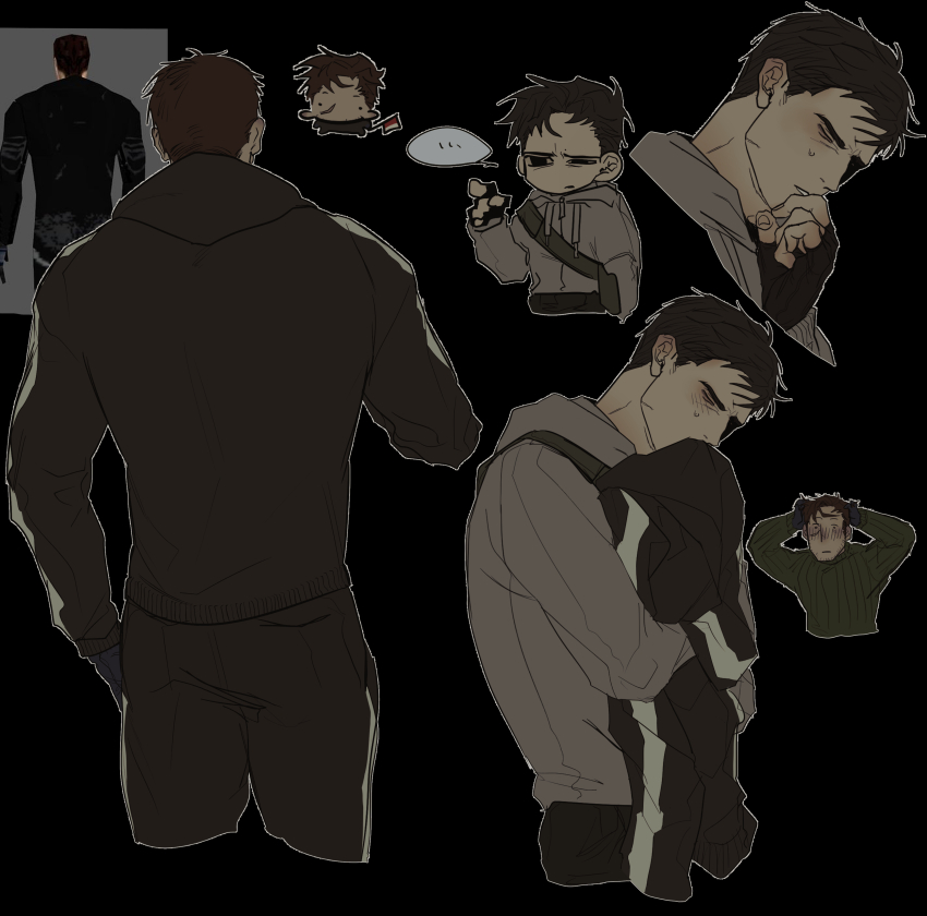 ... absurdres afraid_of_monsters axe bag biting_own_finger black_gloves black_hoodie blush brown_hair chibi chibi_inset david_leatherhoff fingerless_gloves fire_axe gloves grey_hoodie half-closed_eye hand_in_pocket hands_on_own_head highres holding holding_axe holding_unworn_clothes hood hood_down hood_up hoodie ju-san looking_at_another male_focus messy_hair multiple_views pointing print_hoodie scar scar_on_face screenshot_inset short_hair shoulder_bag simon_henriksson speech_bubble sweat turtleneck upper_body