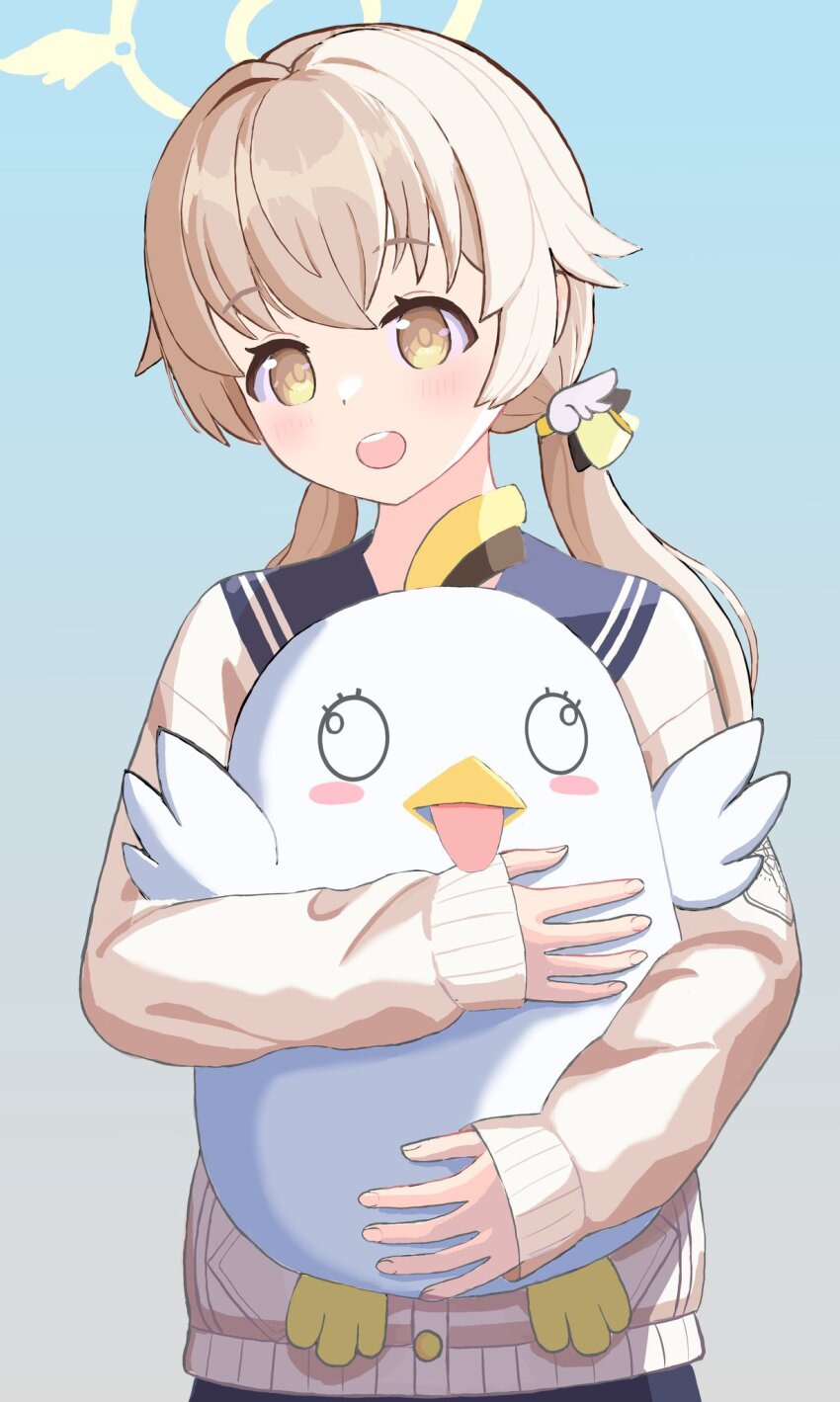 1girl :d bird blue_archive blue_sailor_collar blue_skirt blue_sky blush blush_stickers brown_hair buttons cardigan commentary dot_nose fingernails gradient_sky hair_ornament hair_ribbon halo hifumi_(blue_archive) highres holding holding_stuffed_toy light_blush long_hair long_sleeves looking_at_viewer low_twintails onemune6 open_mouth outdoors penguin peroro_(blue_archive) ribbon sailor_collar school_uniform serafuku skirt sky sleeves_past_wrists smile solo stuffed_animal stuffed_bird stuffed_penguin stuffed_toy teeth tongue tongue_out twintails upper_body upper_teeth_only wall-eyed white_bird white_cardigan wing_hair_ornament winged_halo yellow_eyes yellow_halo yellow_ribbon
