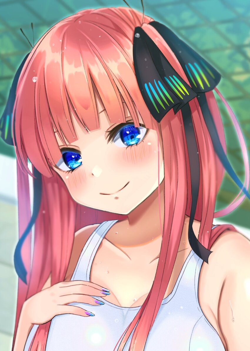 1girl blue_eyes blue_nails blush breasts butterfly_hair_ornament closed_mouth collarbone commentary_request go-toubun_no_hanayome hair_ornament hand_on_own_chest highres kurosaki_coco large_breasts long_hair looking_at_viewer nail_polish nakano_nino one-piece_swimsuit pink_hair portrait smile solo swimsuit wet white_one-piece_swimsuit