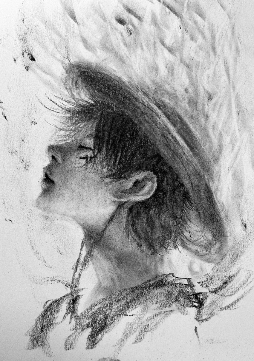 1boy absurdres black_hair closed_eyes graphite_(medium) hat highres male_focus monkey_d._luffy monochrome one_piece pencil portrait ryosuke scar scar_on_face short_hair solo straw_hat traditional_media