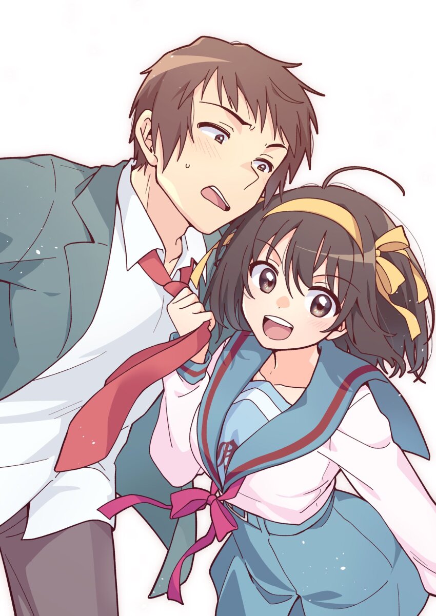 1boy 1girl belt blazer blue_belt blue_sailor_collar blue_skirt breasts brown_eyes brown_hair brown_pants clothes_grab collared_shirt commentary_request green_jacket hair_ribbon hairband highres jacket kita_high_school_uniform kyon long_sleeves looking_at_another looking_at_viewer medium_hair necktie necktie_grab neckwear_grab open_clothes open_jacket pants pleated_skirt red_necktie red_ribbon ribbon sailor_collar school_uniform serafuku shirt short_hair simple_background skirt smile suzumiya_haruhi suzumiya_haruhi_no_yuuutsu taiki_(6240taiki) untucked_shirt white_background white_shirt winter_uniform yellow_hairband yellow_ribbon