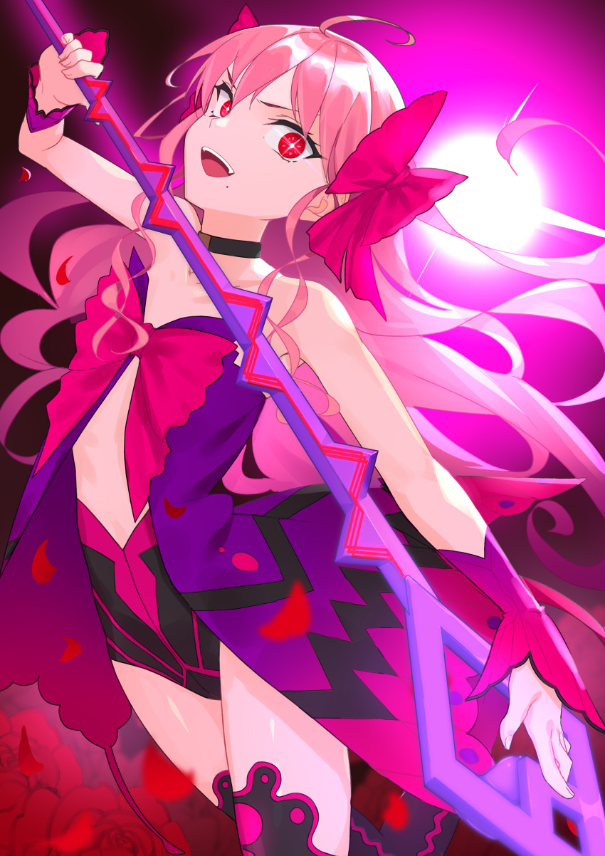 1girl absurdres ahoge apo_(apos2721) bare_shoulders bow choker commentary_request dead_apostle_noel_(tsukihime) flat_chest hair_bow highres holding holding_polearm holding_weapon leotard long_hair melty_blood noel_(tsukihime) open_mouth pink_hair polearm red_eyes smile solo tsukihime weapon
