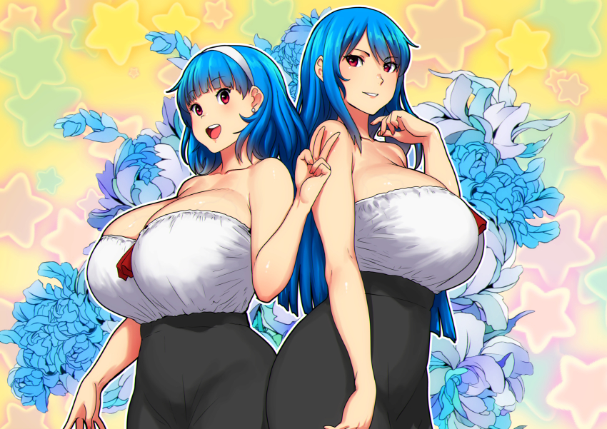 2girls blue_hair blunt_bangs breasts curvy erkaz hairband highres huge_breasts long_hair mature_female medium_hair mother_and_daughter multiple_girls original red_eyes rina_atherina star_(symbol) star_symbol_background veins veiny_breasts white_hairband