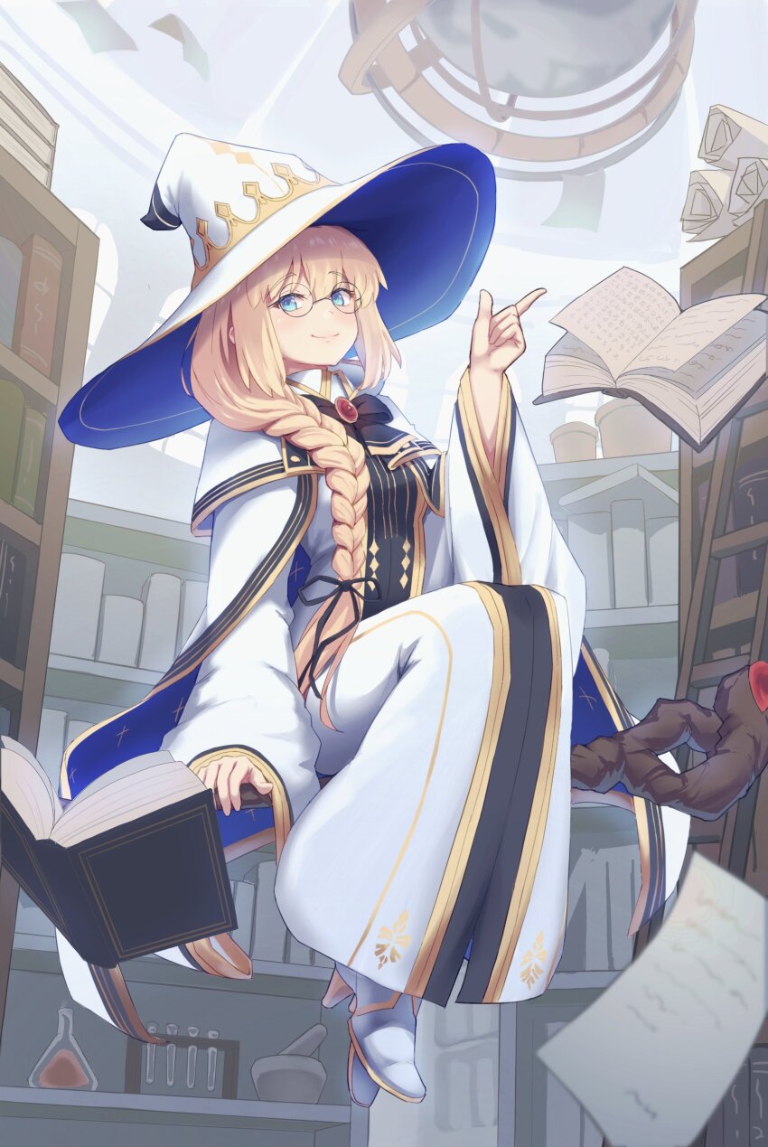 1girl absurdres blonde_hair blue_eyes book bookshelf braid commentary_request fate/grand_order fate_(series) floating floating_book floating_object glasses hat highres long_hair lucky_ckm robe scroll side_braid smile staff staff_riding aesc_(fate) aesc_(rain_witch)_(fate) white_robe witch_hat