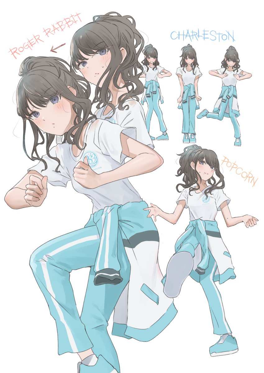 1girl \||/ absurdres arms_at_sides black_hair blue_jacket blue_pants blue_shoes blush breasts clenched_hands closed_mouth clothes_around_waist clothes_writing commission cropped_torso dancing english_text feet_out_of_frame full_body half_updo hands_up head_tilt high_ponytail highres idolmaster idolmaster_shiny_colors jacket jacket_around_waist kazano_hiori leaning_forward leg_up logo long_hair looking_at_viewer looking_to_the_side mole mole_under_mouth multicolored_jacket multiple_views pants ponytail print_shirt purple_eyes shirt shoe_soles shoes short_ponytail short_sleeves sidelocks sideways_glance simple_background skeb_commission small_breasts smile sneakers standing standing_on_one_leg striped_sleeves sweat swept_bangs t-shirt track_jacket track_pants turning_head umirororo wavy_hair white_background white_jacket white_shirt