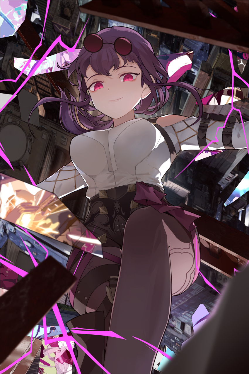1girl absurdres bare_shoulders black_shorts breasts broken_glass closed_mouth clothing_cutout commentary english_commentary eyewear_on_head freefall glass glasses hair_spread_out high-waist_shorts highres honkai:_star_rail honkai_(series) kafka_(honkai:_star_rail) large_breasts looking_at_viewer no_jacket pantyhose pantyhose_under_shorts pince-nez purple_eyes purple_hair purple_pantyhose round_eyewear ryeon_(naturesan) shirt shirt_tucked_in shorts shoulder_cutout smile solo sunglasses white_shirt