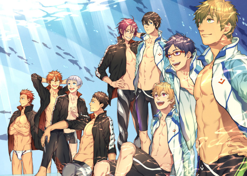 10s 6+boys arms_behind_head black_hair black_jammers black_male_swimwear blonde_hair blue_eyes blue_hair blush brown_hair caustics crossed_arms dethmath free! glasses green_eyes groin hazuki_nagisa jacket jacket_on_shoulders jammers leaning_forward legskin male_focus male_swimwear matsuoka_rin mikoshiba_momotarou mikoshiba_seijuurou mole multiple_boys nanase_haruka_(free!) navel nitori_aiichirou open_mouth orange_hair pink_eyes purple_eyes red-framed_eyewear red_hair ryuugazaki_rei sharp_teeth short_hair smile swim_briefs swimsuit tachibana_makoto teeth topless_male white_male_swimwear white_swim_briefs yamazaki_sousuke