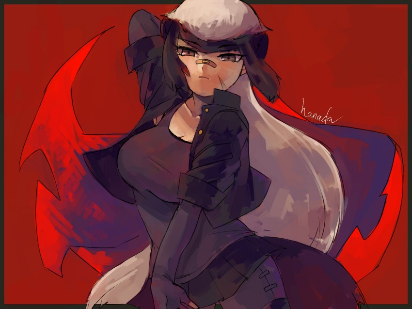 10s 1girl animal_ears arm_behind_head arm_up artist_name badger_ears badger_tail bandaid bandaid_on_face bandaid_on_nose black_camisole black_gloves black_hair black_shorts black_skirt border breasts brown_eyes buttons camisole closed_mouth collarbone collared_jacket cropped_jacket elbow_gloves expressionless extra_ears female_focus fingerless_gloves floating_hair gloves grey_hair half-closed_eyes hanada_(cobalt003) high_collar highres holding jacket kemono_friends long_hair looking_at_viewer microskirt multicolored_hair open_clothes open_jacket outstretched_arm ratel_(kemono_friends) red_background scar short_sleeves shorts shorts_under_skirt sidelocks skirt solo tail taut_clothes tsurime two-tone_hair unbuttoned upper_body very_long_hair