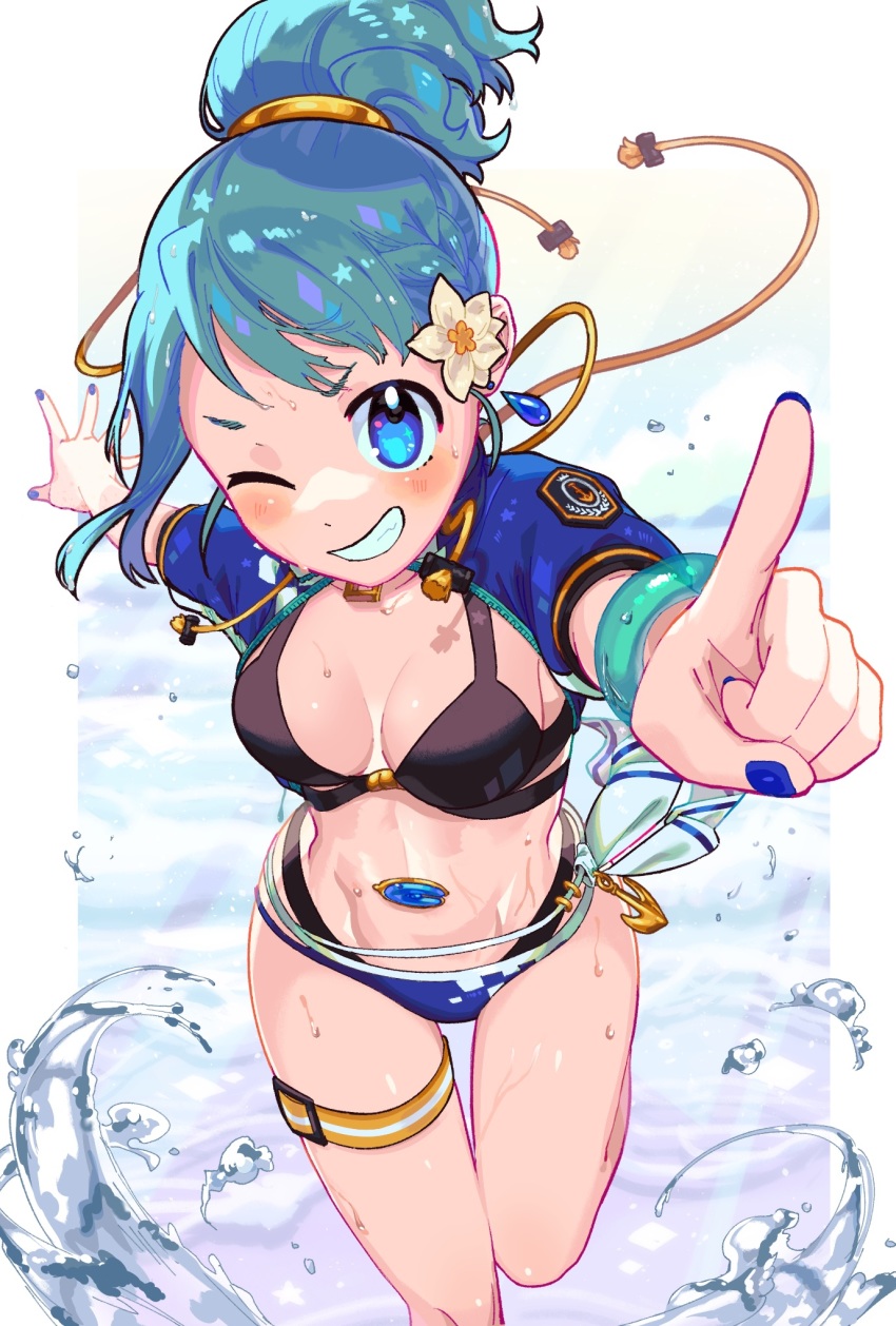 1girl blue_eyes blue_nails bracelet earrings flower foot_out_of_frame hair_flower hair_ornament highres index_finger_raised jewelry looking_at_viewer magia_record:_mahou_shoujo_madoka_magica_gaiden mahou_shoujo_madoka_magica miki_sayaka miki_sayaka_(surfer_ver.) nail_polish one_eye_closed ponytail short_hair solo water white_flower yooki_(winter_cakes)