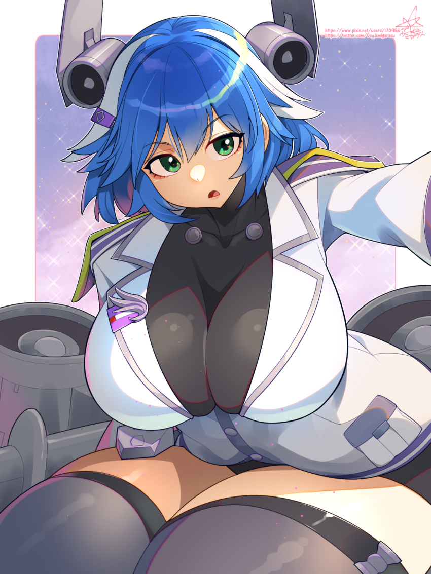 1girl :o black_dress black_thighhighs blue_hair border breasts cloud collarbone covered_collarbone dress green_eyes hair_ornament hairclip highres huge_breasts jacket last_origin looking_at_viewer military_jacket multicolored_hair night night_sky open_mouth outside_border pixiv_id reaching reaching_towards_viewer sand_girl_(last_origin) shiny_skin short_dress short_hair signature simple_background skin_tight sky solo sparkle star_(sky) starry_sky streaked_hair thick_thighs thighhighs thighs turbine twitter_username two-tone_hair umigarasu_(kitsune1963) white_border white_hair white_jacket wing_pin