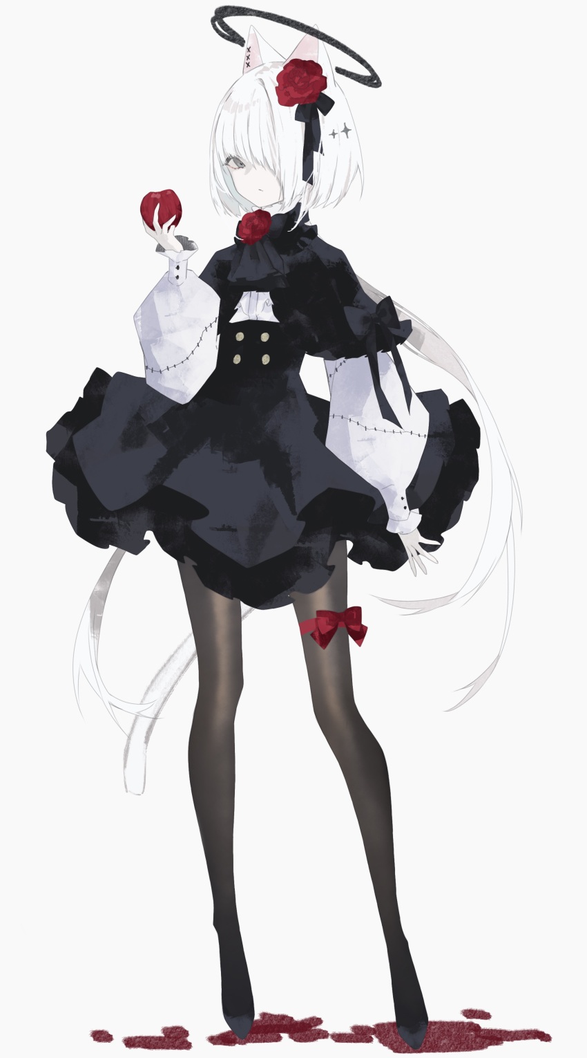 1girl absurdres animal_ears apple ascot black_ascot black_dress black_halo black_pantyhose black_ribbon black_shoes blood blood_on_ground buttons cat_ears cat_tail center_frills closed_mouth commentary_request double-breasted dress flower food frills fruit full_body grey_eyes hair_flower hair_ornament hair_ribbon halo highres holding holding_food holding_fruit kotarou_(kot_mochi) leg_ribbon long_hair long_sleeves looking_at_viewer low_ponytail original pantyhose ponytail procreate_(medium) puffy_long_sleeves puffy_sleeves red_flower red_ribbon red_rose ribbon rose shoes simple_background solo tail thigh_ribbon tiptoes very_long_hair white_background white_hair