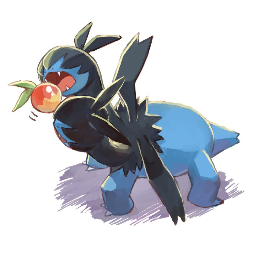 berry_(pokemon) black_wings claws commentary_request covered_eyes fangs full_body gen_5_pokemon highres karamomo leppa_berry nintendo no_humans open_mouth pokemon pokemon_(creature) simple_background white_background wings zweilous