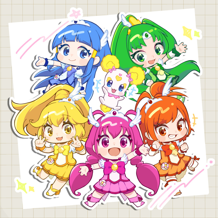 6+girls antenna_hair aoki_reika arm_warmers bike_shorts bike_shorts_under_skirt blonde_hair blue_boots blue_bow blue_bowtie blue_choker blue_eyes blue_hair blue_shirt blue_skirt blush boots bow bowtie brooch candy_(smile_precure!) chibi choker circlet closed_mouth cure_beauty cure_happy cure_march cure_peace cure_sunny double_v green_boots green_bow green_bowtie green_choker green_eyes green_hair green_shirt green_skirt hair_bun hair_ornament high_ponytail highres hime_cut hino_akane_(smile_precure!) hoshizora_miyuki jewelry kise_yayoi long_hair low_twintails magical_girl midorikawa_nao multiple_girls open_mouth orange_boots orange_bow orange_bowtie orange_choker orange_eyes orange_hair orange_shirt orange_shorts orange_skirt pink_boots pink_bow pink_bowtie pink_choker pink_eyes pink_hair pink_shirt pink_shorts pink_skirt plv_276 ponytail precure shirt short_hair short_sleeves shorts single_hair_bun skirt smile_precure! tiara twintails v wing_hair_ornament wrist_cuffs yellow_boots yellow_bow yellow_bowtie yellow_choker yellow_eyes yellow_shirt yellow_shorts yellow_skirt
