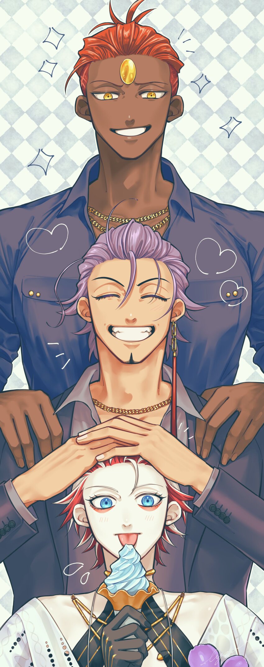 absurdres alternate_costume ashwatthama_(fate) closed_eyes duryodhana_(fate) earrings facial_hair fate/grand_order fate_(series) food forehead_jewel goatee goatee_stubble grin hand_on_another&#039;s_head heart highres ice_cream jewelry karna_(fate) karna_(summer_outfit)_(fate) large_pectorals licking long_hair lywo_n_candy male_focus official_alternate_costume pectorals purple_eyes purple_hair smile stubble thick_eyebrows upper_body