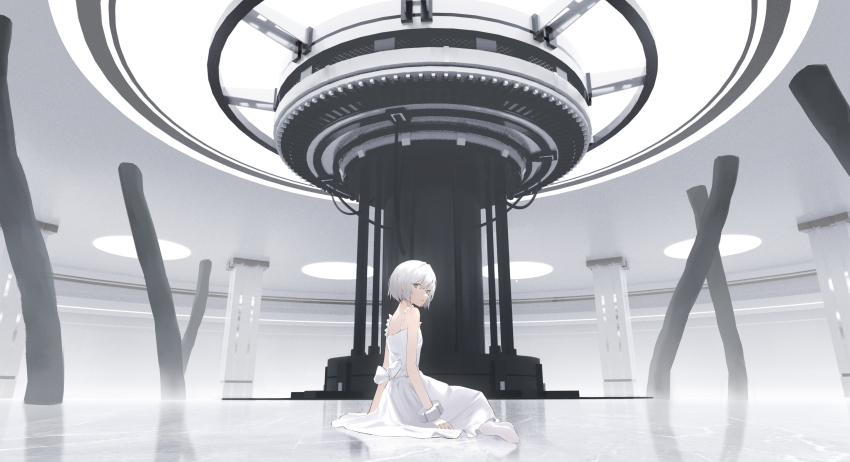 1girl absurdres bare_arms bow double-parted_bangs dress dress_bow from_side grey_eyes hair_between_eyes hair_intakes highres indoors laluna looking_at_viewer looking_to_the_side machinery no_shoes original parted_lips reflection reflective_floor short_hair sideways_glance sitting sleeveless sleeveless_dress socks solo white_bow white_dress white_hair white_socks white_theme wide_shot