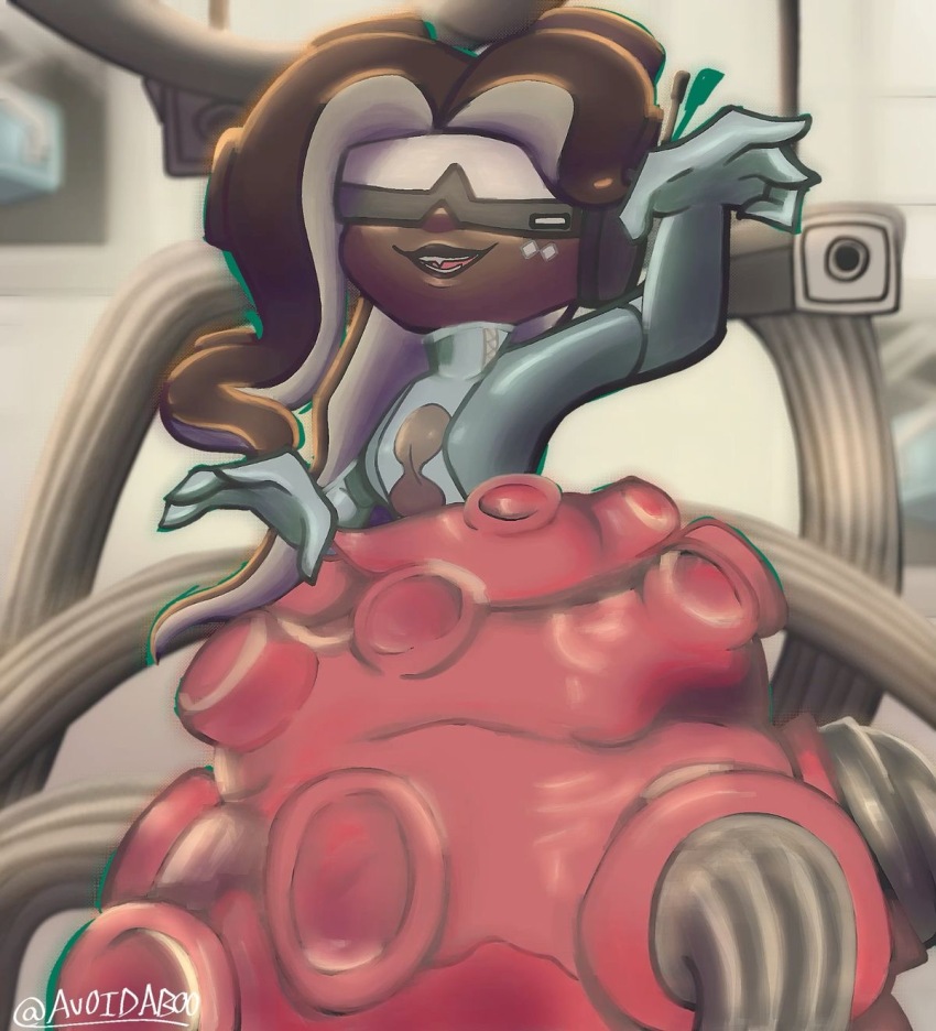 1girl avoidaboo black_lips blob blurry blurry_background box brown_hair button_nose cable camera cleavage_cutout clothing_cutout dark-skinned_female dark_skin head-mounted_display headphones highres long_hair marina_(splatoon) nintendo no_eyebrows no_eyes non-web_source octoling open_mouth overhead_lights self-upload sharp_teeth signature skinsuit splatoon_(series) splatoon_3 splatoon_3:_side_order teeth tentacle_hair tentacles zipper