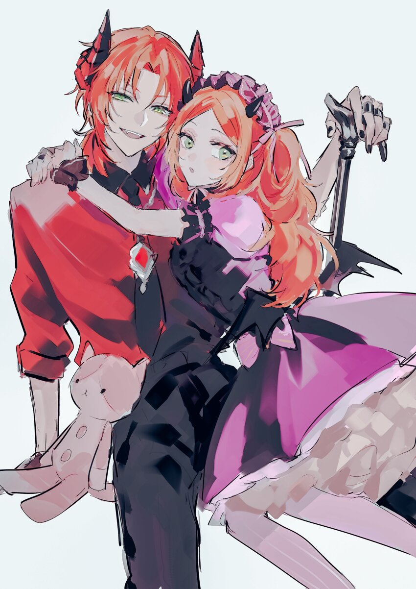 1boy 1girl absurdres apron black_apron black_nails cane dress ensemble_girls! ensemble_stars! fm6fu4w94 frilled_dress frilled_hairband frills green_eyes hair_between_eyes hairband highres holding holding_cane horns hug long_hair looking_at_viewer looking_back medium_hair official_alternate_costume orange_hair parted_bangs petticoat pink_dress red_brooch red_shirt shirt siblings simple_background stuffed_animal stuffed_cat stuffed_toy tsukinaga_leo tsukinaga_ruka white_background