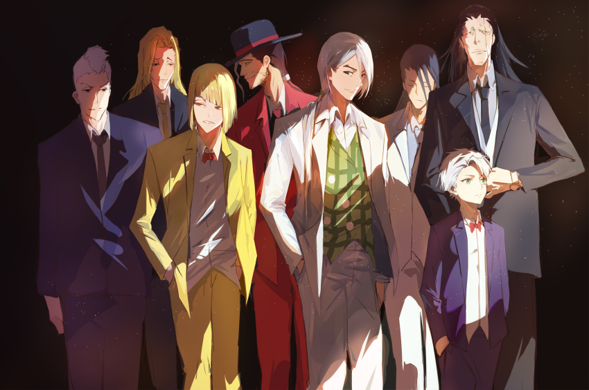 6+boys alternate_costume black_background black_hair black_headwear black_necktie black_pants black_suit bleach blonde_hair blue_pants blue_suit bow bowtie checkered_clothes checkered_vest collared_shirt commentary_request diagonal_bangs formal_clothes green_vest hand_in_pocket highres hirako_shinji hitsugaya_toushirou kuchiki_byakuya kyouraku_shunsui long_hair looking_at_viewer low_ponytail mohawk muguruma_kensei multiple_boys necktie ootoribashi_roujuurou pants ponytail red_bow red_bowtie red_necktie red_pants red_suit scar scar_across_eye scar_on_face shirt short_hair suit ukitake_juushirou vest watch white_hair white_pants white_shirt white_suit wristwatch yellow_necktie yellow_pants yellow_suit zaraki_kenpachi zzz_zhi_he
